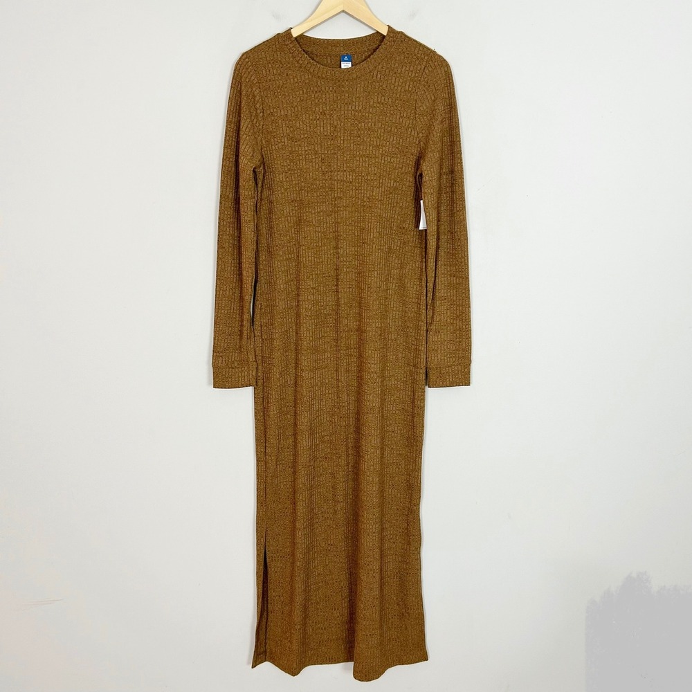 NEW Old Navy Maxi Dress Brown Ribbed Knit Long Sleeve Size Medium Tall Women's
